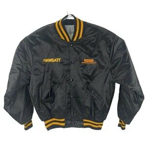 Stanley door Systems Nylon Jacket Black Yellow Size Large VTG DeLong Sportswear